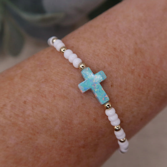Opal Cross Bracelet | 14k Gold-filled & Czech Glass